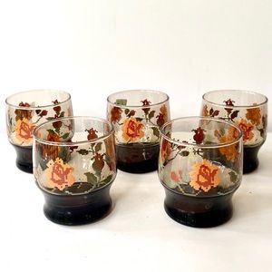 Vtg MCM Smoked Glass Pixelated Floral Tumblers